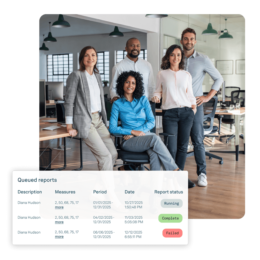 Billing company team in modern office viewing queued client reports dashboard—depicts Tebra tools for multi-client management and branded reporting