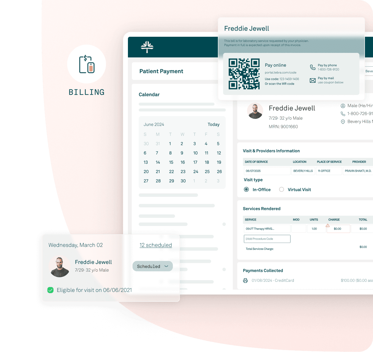 Tebra billing dashboard showing patient payment calendar, QR-code statement, and real-time eligibility check — illustrates faster collections and automated billing workflow