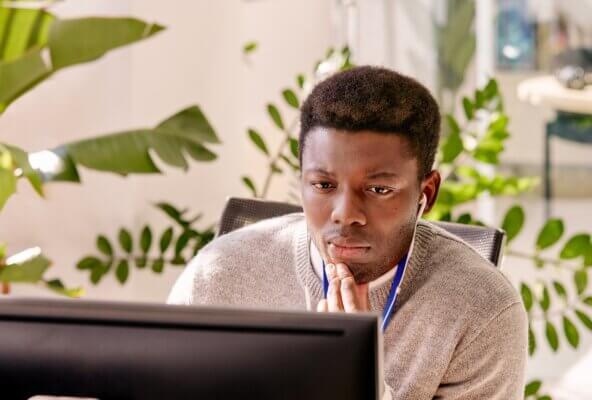 front office worker looking at computer