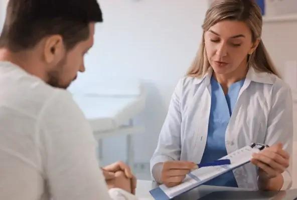 A healthcare professional discussing a chart with a patient in a clinical setting.