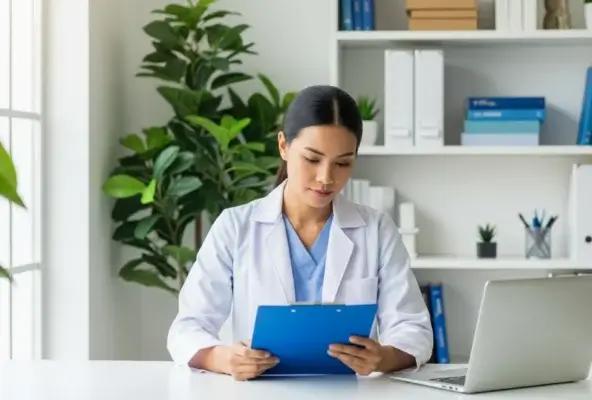 A medical professional reviewing patient information on a clipboard in a well-lit, organized office, symbolizing focus and quality care.